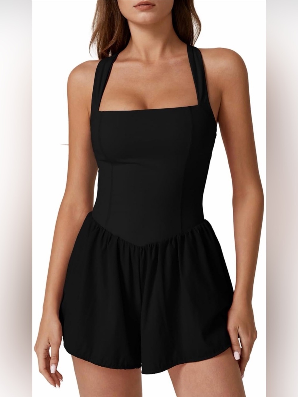 NWT QINSEN Women's Square Neck Sleeveless Romper Jumpsuit built-in shorts, Large